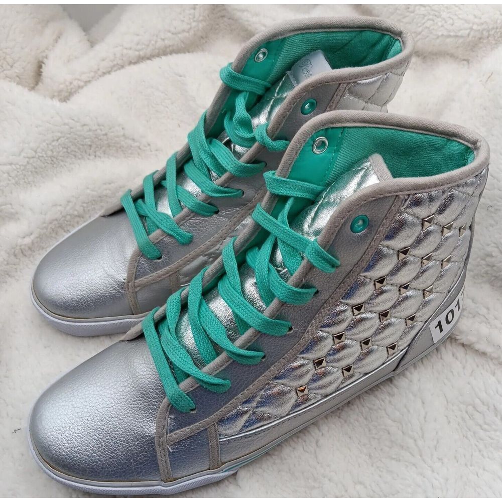 Silver and Teal High-Top Sneakers